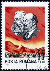 Posta Romana. Marx, Lenin. Timbre postal oblitéré.