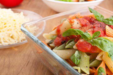 serving of colored penne pasta