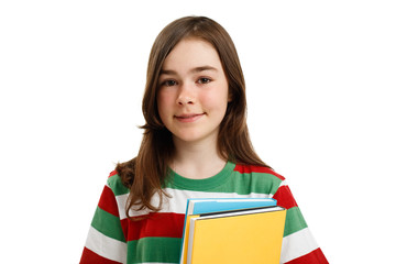 Girl holding books isolated on white background