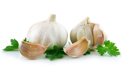 Garlic Vegetable with Green Parsley Leaves Isolated on White
