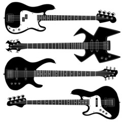 Bass guitars in detailed vector silhouette.