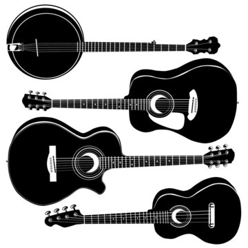 Acoustic guitars and banjo in detailed vector silhouette.