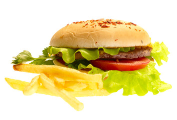 hamburger with vegetables. isolated with clipping path