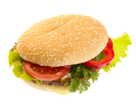hamburger with vegetables. isolated with clipping path