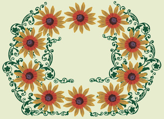 Fototapeta na wymiar yellow flower frame with green curls