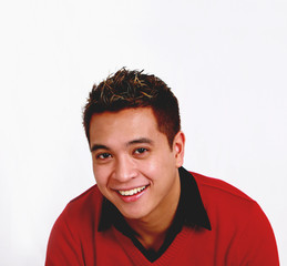 asian man in red sweater