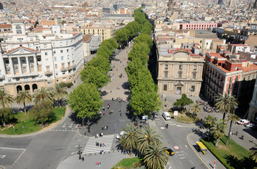 Fototapeta premium Aerial view over La Rambla in Barcelona, Spain