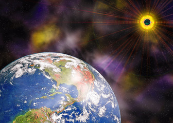 Obraz na płótnie Canvas Earth blue planet and sun in space