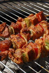 Grill mit Fleisch und Spießen