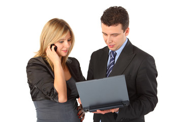 Girl with phone, man with notebook