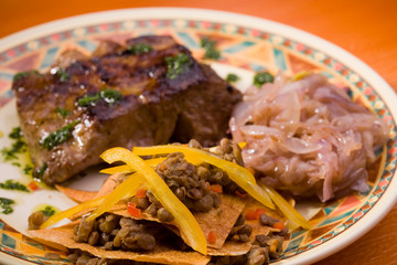 Mexican closeup steak with cabbage and peanuts