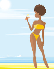 Illustration of attractive girl on the beach, drinking juice