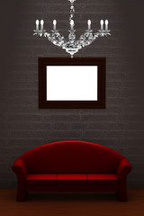 Red couch with empty frame and luxury chandelier in minimalist i
