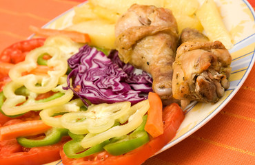 chicken meat and vegetables in plate