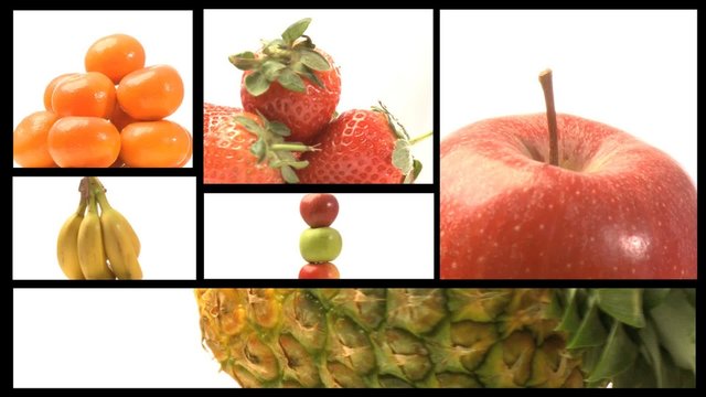 A collage of fresh fruit in motion on a film reel