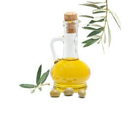 Bottle of olive oil and olive fruits isolated on white backgroun