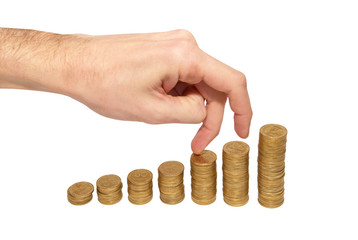 Climbing hand on gold coin staircase