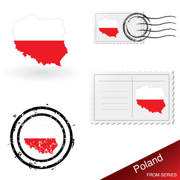 Poland map, stamps and postcard set from series