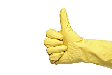 Thumbs-up with a yellow rubber glove