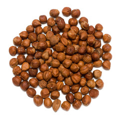 many hazelnuts isolated on white background