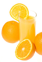 Oranges with fresh juice on white background