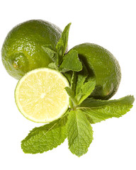 Lime with mint on whitte background