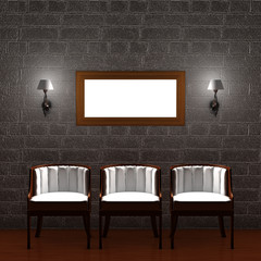Three chair with empty frame and sconces in dark minimalist inte