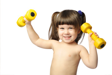 Naklejka premium little girl with dumbbells