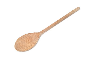 Wooden spoon isolated on a white studio background.
