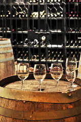 Wine  glasses and barrels