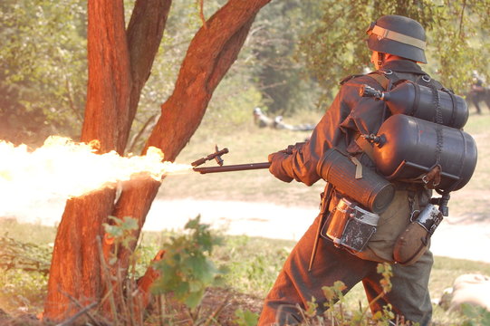 Flame-thrower. WW2 reenacting.Kiev,Ukraine