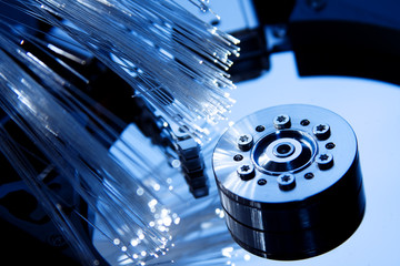 Details of computer hard drive with optic fiber