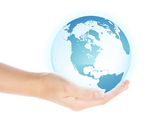 Hands holding and protecting earth, isolated on white