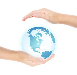 Hands holding and protecting earth, isolated on white