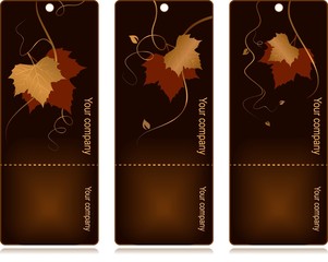 3 elegant tags with red golden autumn leaves on dark