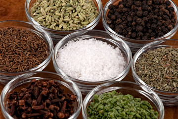 indian spices on wooden table