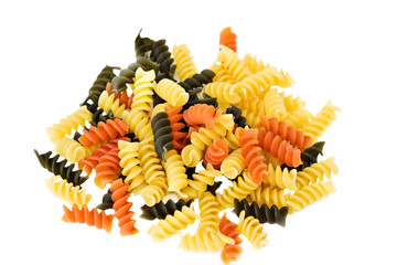 Tri colored rotini pasta on a white background