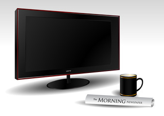LCD TV with coffee mug and newspaper