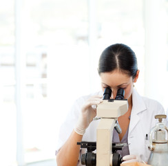 Scientists looking through a microscope