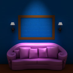 Pink couch with empty frame and sconces in blue minimalist inter