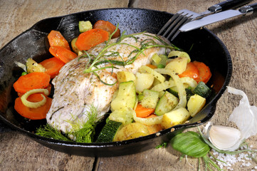 Putenfile und Gemüse in einer Pfanne