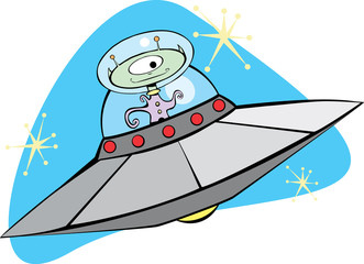 Fototapeta premium Retro latający spodek i Marsjanin.