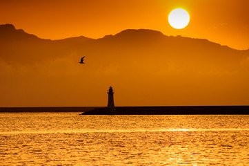 tramonto con faro, silhouette