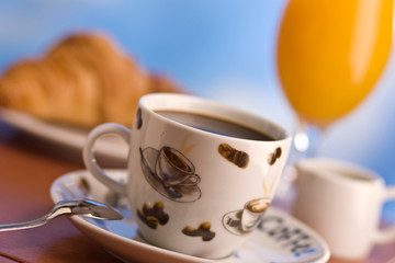 Breakfast with coffee.