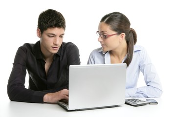 Young couple teamwork cooperation with laptop