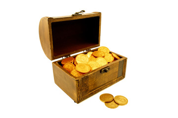 Chest trunk wooden gold isolated on the white background