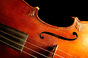 Part of vintage violin on black background