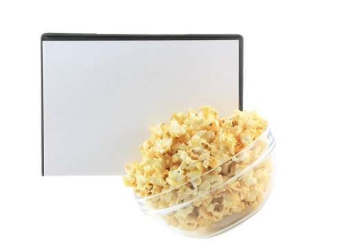 Bowl full of caramel popcorn isolated with DVD cover