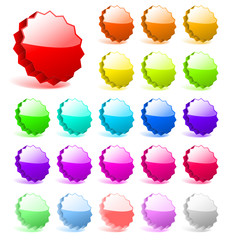 3D star burst glossy shiny vector elements set, different colors three-dimensional ccollection, metall glass reflection effect, editable empty space for promo, orange green, round, blank colorful