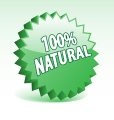 3D green vector badge for promotion of natural products.
